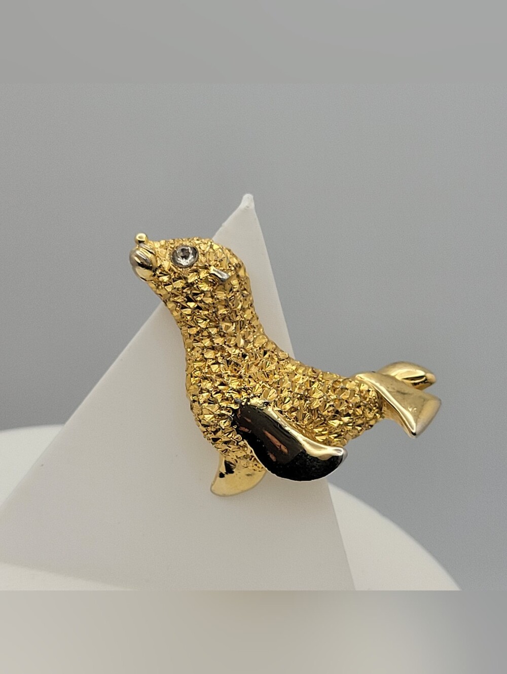 Vintage Gold Tone Figural Seal Sea Lion Brooch Pin Rhinestone Eye 1970s 1980s